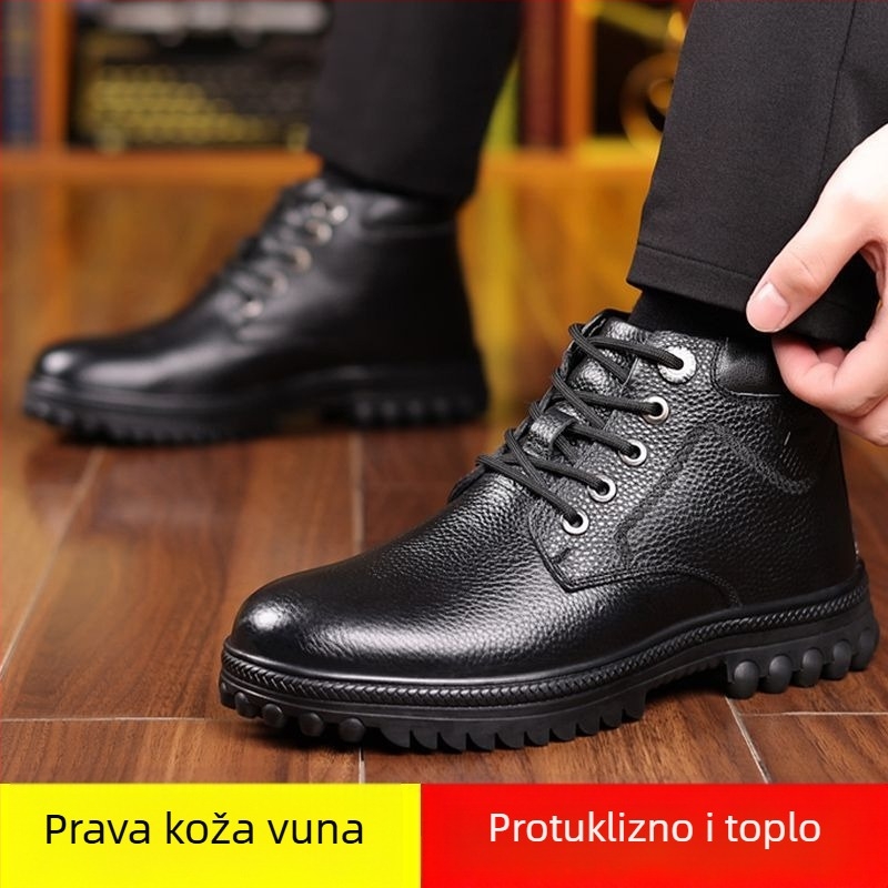 Zimske muške papuče od kože s vunenom podstavom, debelim potplatom i protukliznim dnom
