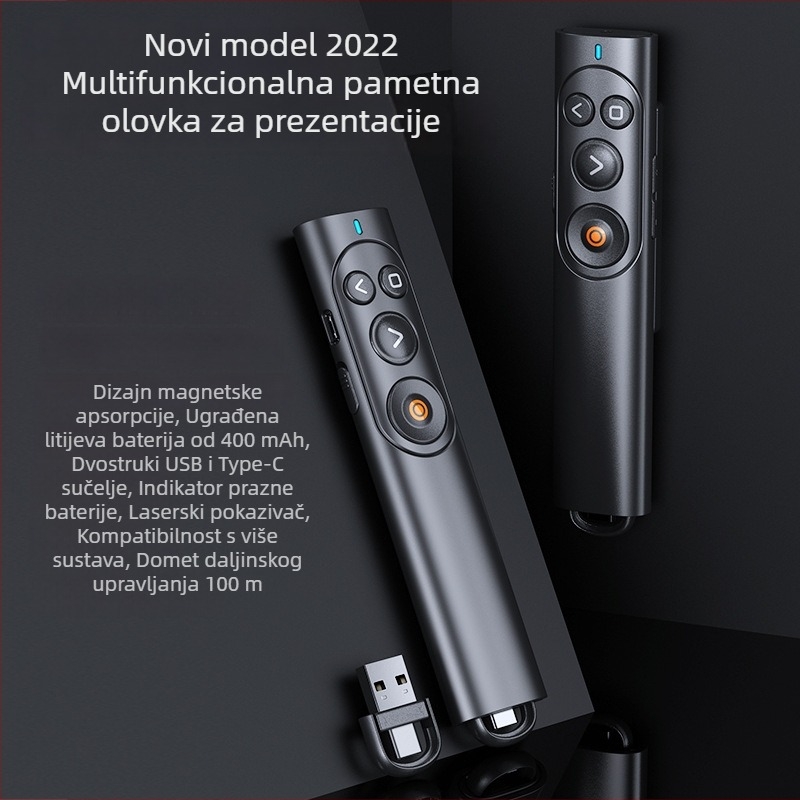 Novo višenamjensko PPT pero sa zelenim laserskim zrakom za promjenu stranica uz daljinsko upravljanje, namijenjeno za nastavu i prezentacije, Type-C punjenje