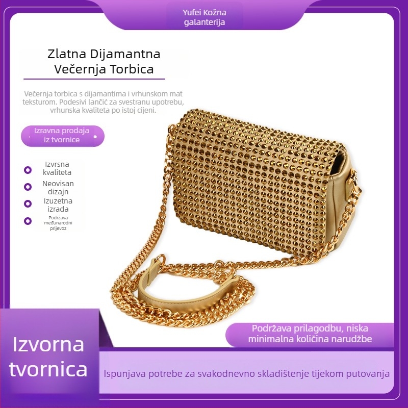 Nova zlatna dijamantna večernja torba, kvadratnog oblika, proljeće 2026, ženska večernja torba