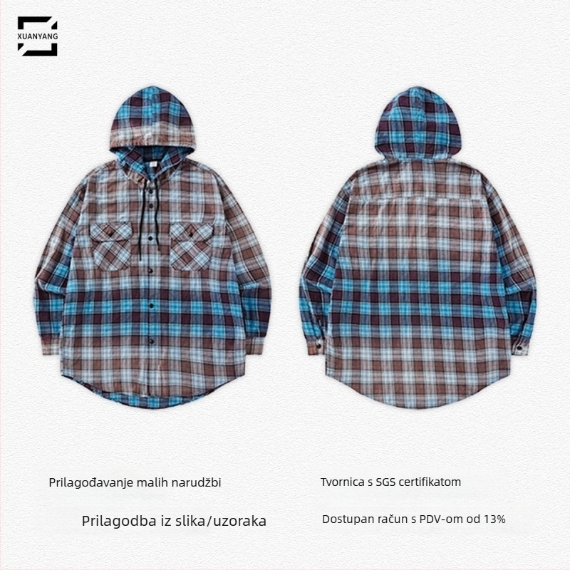 Muška kapucija košulja s kariranim uzorkom, 100% pamuk, slobodan kroj, blago izblijedjela boja, proljeće-jesen 2025, streetwear
