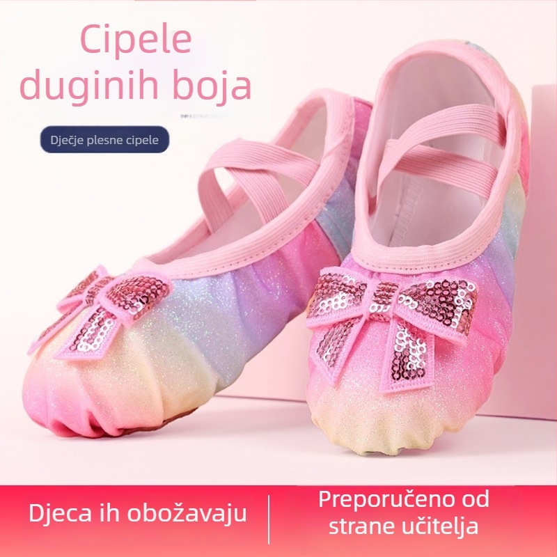 Dječje plesne cipele sa šljokicama i duginim bojama, satenske baletanke za djevojčice, meka podloga, stil princeze