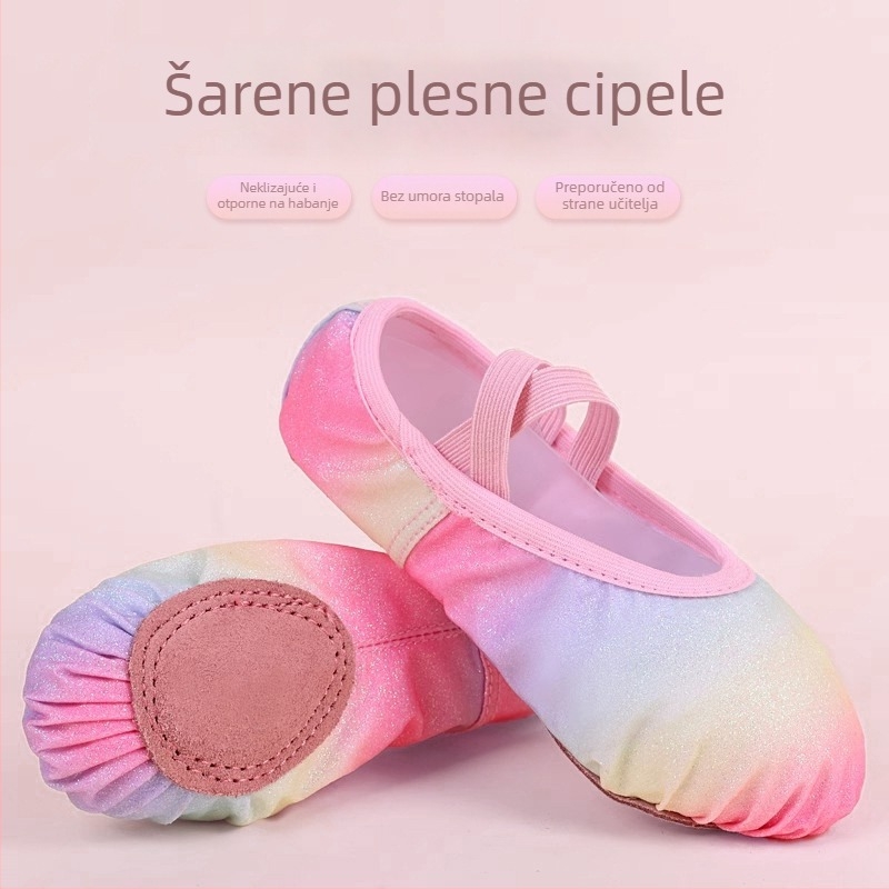 Dječje plesne cipele sa šljokicama i duginim bojama, satenske baletanke za djevojčice, meka podloga, stil princeze