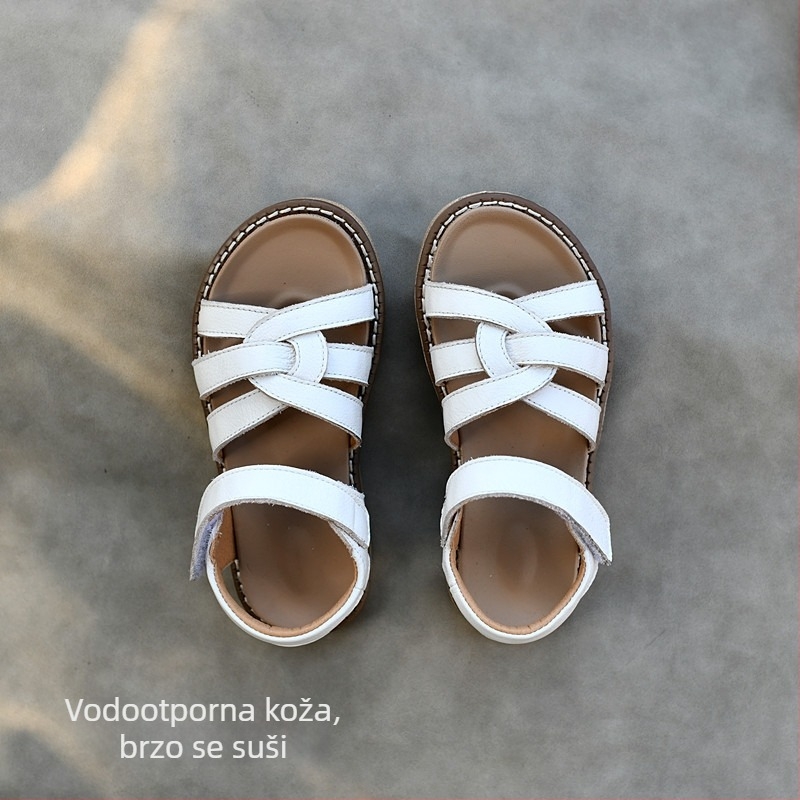 Dječje sandale od prave kože za ljeto, vodootporne, prozračna meka podloga, pleteni dizajn, rimski stil sandala