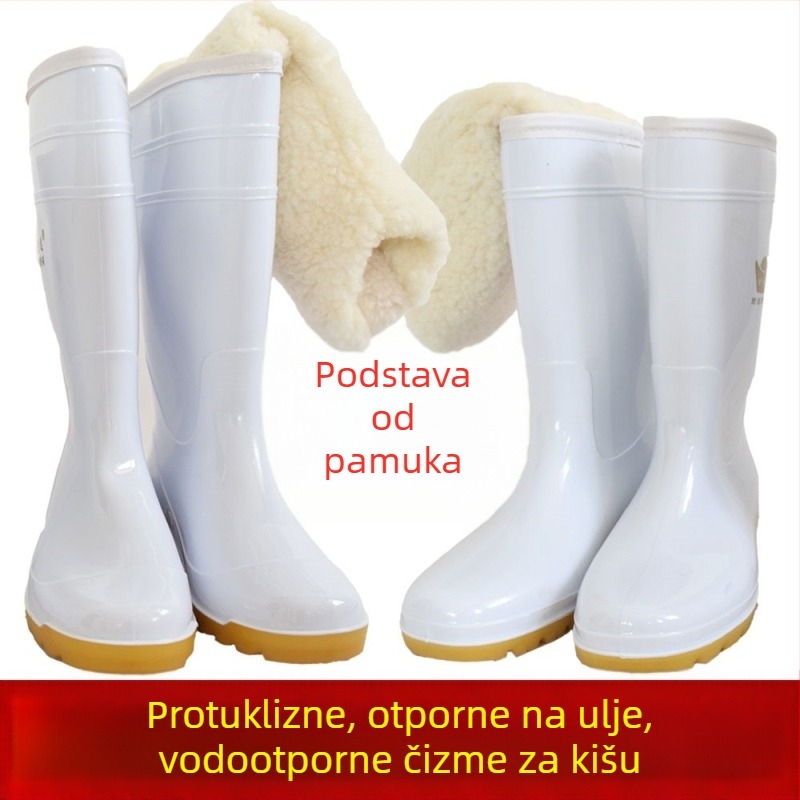 Bijele pamučne čizme za kišu, otporne na ulje, protuklizne, namijenjene prehrambenoj industriji, vodootporne, tople, s pamučnom oblogom, visokog kroja
