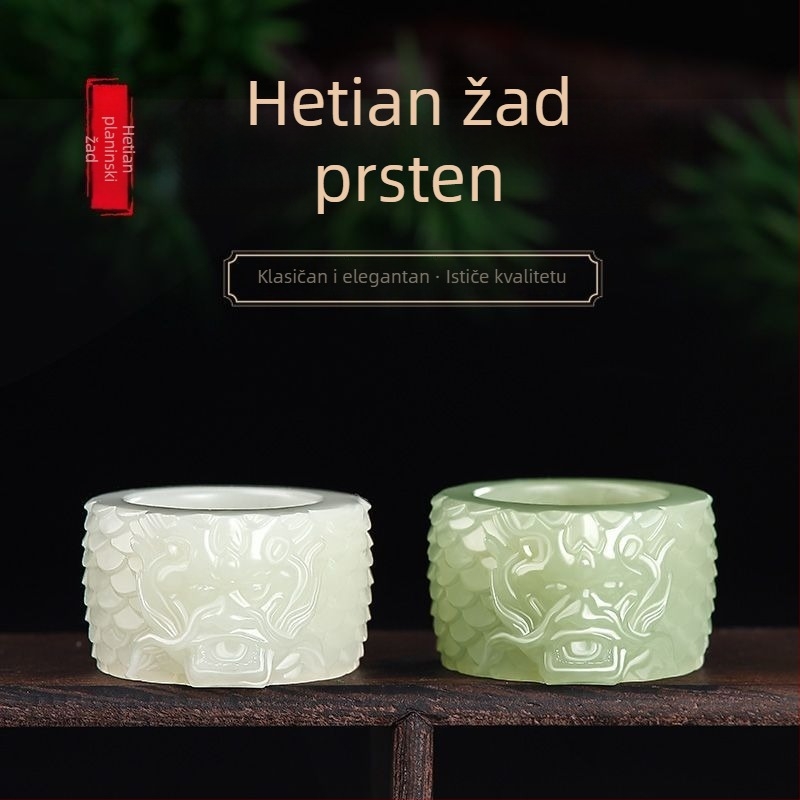 Prirodni Hetian bijeli nefritni prsten za muškarce, s glavom zmaja, vintage stil.