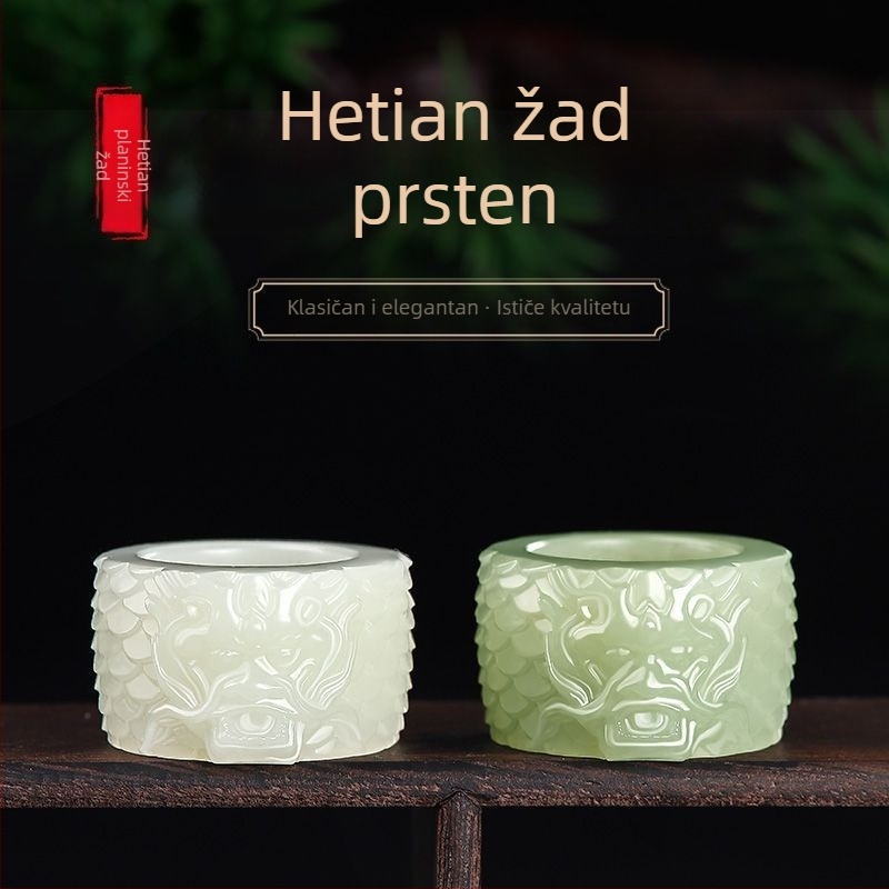 Prirodni Hetian bijeli nefritni prsten za muškarce, s glavom zmaja, vintage stil.