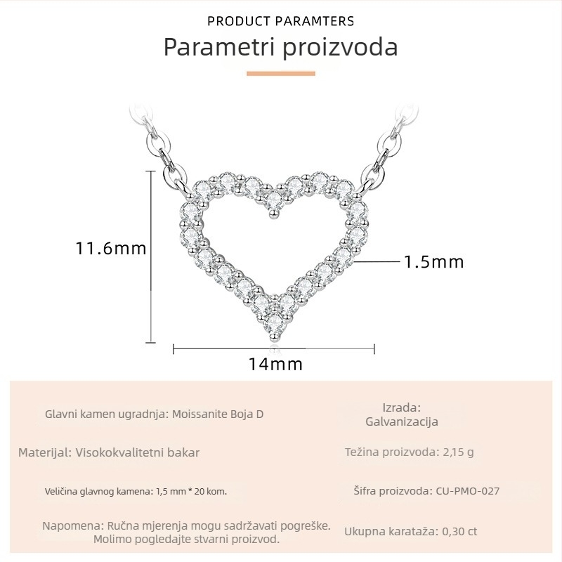 Ogrlica s srcolnim moissanitom, pavé postavom, lagani luksuzni stil, elektroplatirano zlatno nijansa, bakrena osnova, duljina lančića 45–50 cm