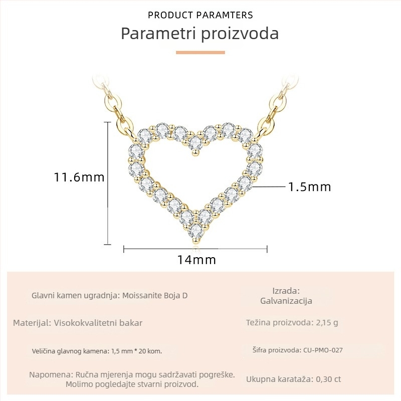 Ogrlica s srcolnim moissanitom, pavé postavom, lagani luksuzni stil, elektroplatirano zlatno nijansa, bakrena osnova, duljina lančića 45–50 cm