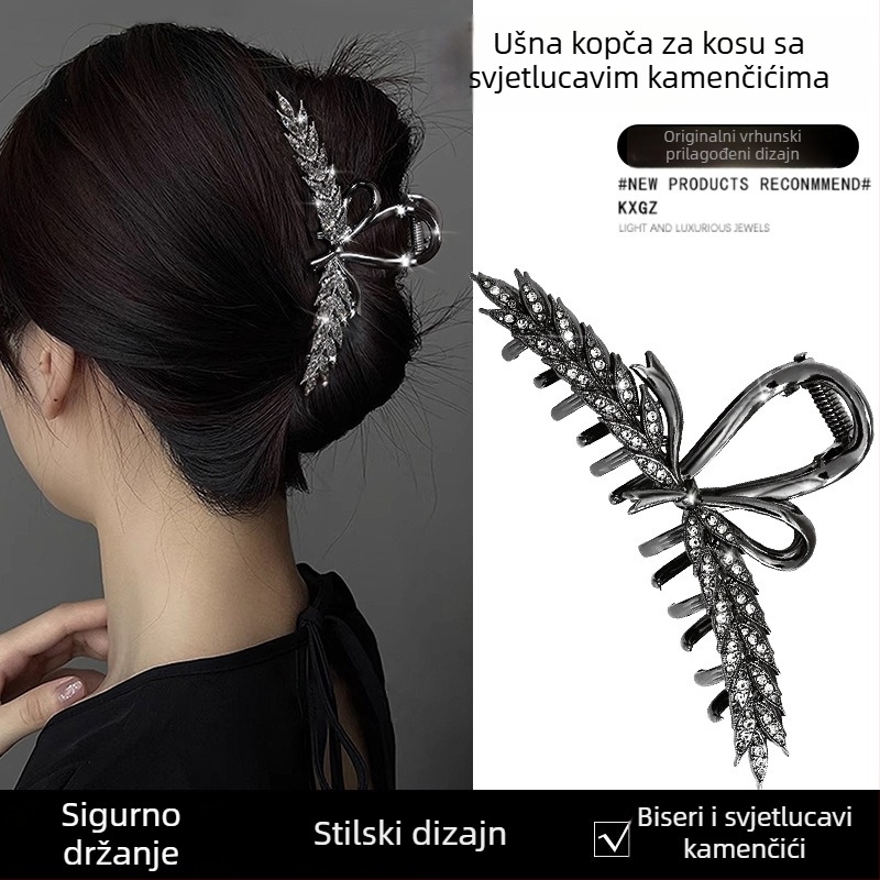 Klip za kosu od legure s motivom pšenice, crno-metalna boja, velika kopča za potiljak