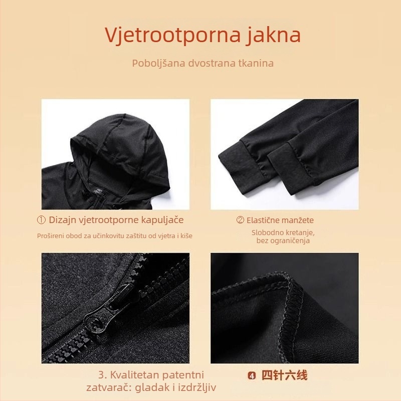 Unisex jakna za trčanje i trening s kapuljom, cjeloviti zatvarač i brzo sušeć materijal