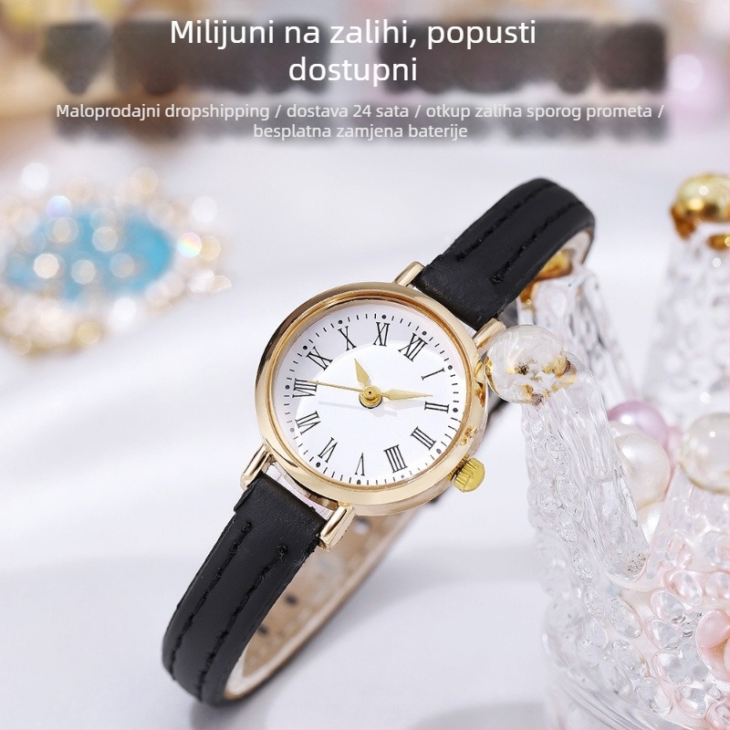 Ženski kvarcni sat s uskim PU remenom, retro stil, okrugli brojčanik s rimskim brojevima; kućište od cinkove legure, promjer brojčanika 23 mm, debljina 7 mm.