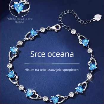 Narukvica od S999 srebra, srce oceana s plavim cirkonima, poklon djevojci