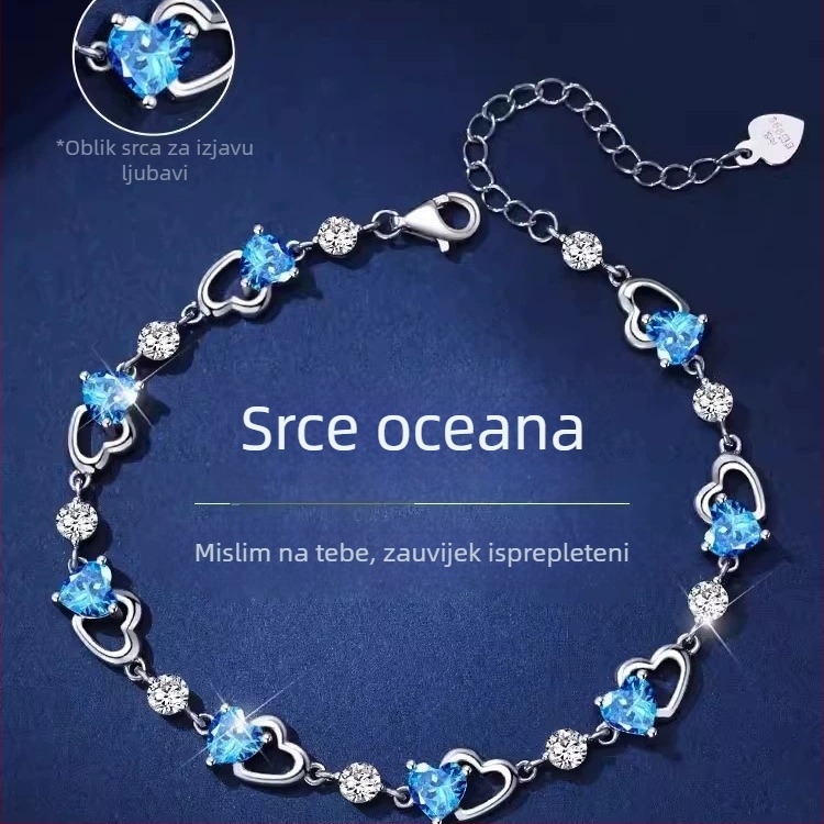 Narukvica od S999 srebra, srce oceana s plavim cirkonima, poklon djevojci
