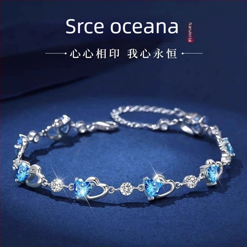 Narukvica od S999 srebra, srce oceana s plavim cirkonima, poklon djevojci