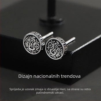925 srebrne stud naušnice s motivom zmaja za muškarce, kineski retro stil, crno obojeni totem zmaja
