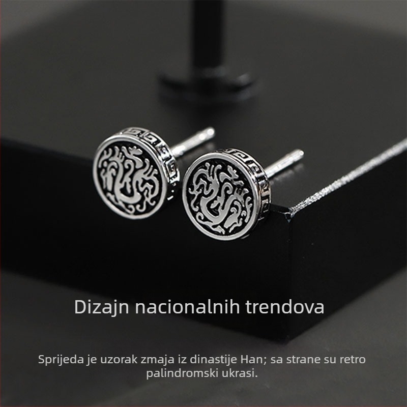925 srebrne stud naušnice s motivom zmaja za muškarce, kineski retro stil, crno obojeni totem zmaja