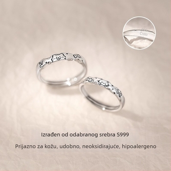 Paar prstena od srebra 999 s mačićem i štenetom, lagani luksuz, sladko i romantično, dar Dan zaljubljenih