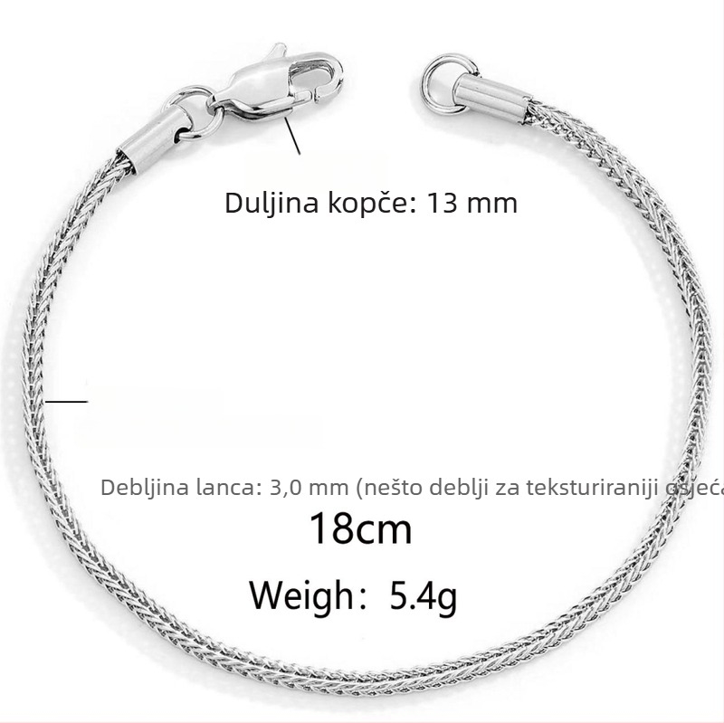 3 mm kvadratna narukvica s repom lisice od nehrđajućeg čelika – unisex minimalističkog dizajna