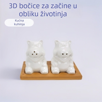 Keramičke posude za začine s 3D oblikom životinje, za papar i sol, set od dvije posude s drvenim pladnjem