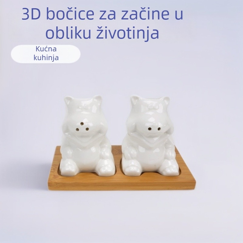 Keramičke posude za začine s 3D oblikom životinje, za papar i sol, set od dvije posude s drvenim pladnjem