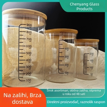 Staklena posuda s drvenim poklopcem, okrugla, s mjernom skalom, otporna na visoke temperature, borosilikatno staklo, posuda za fermentaciju tijesta za kruh