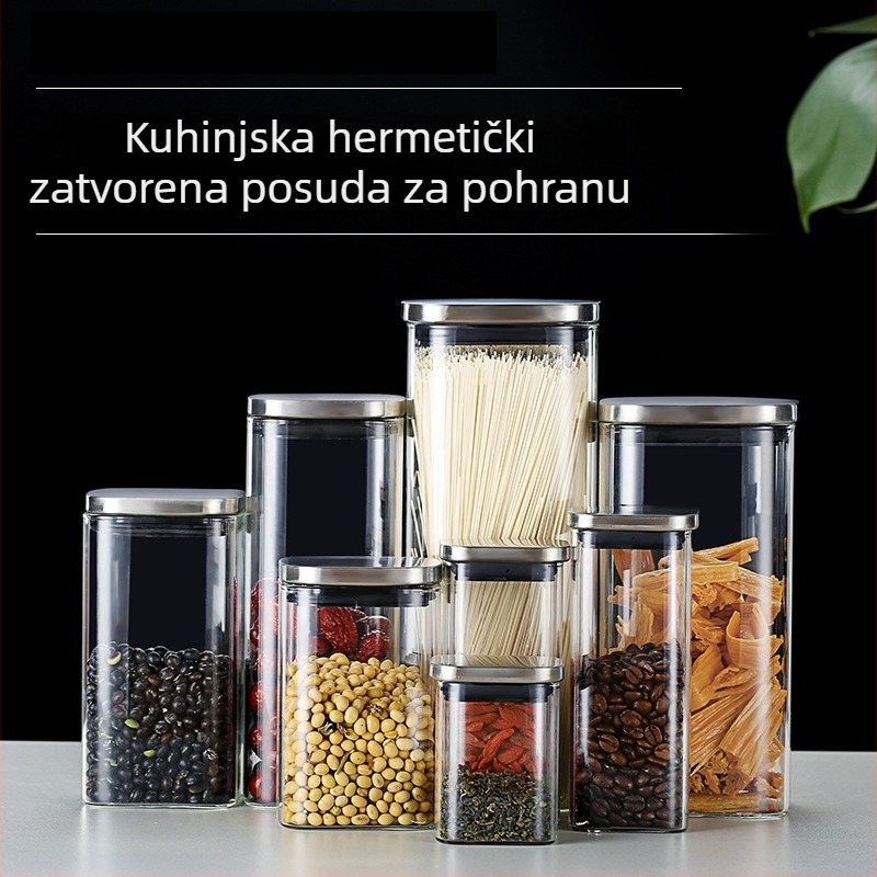 Kvadratna staklena posuda za čaj od borosilikatnog stakla, zatvorena, otporna na vlagu, velika, debela, prozirna