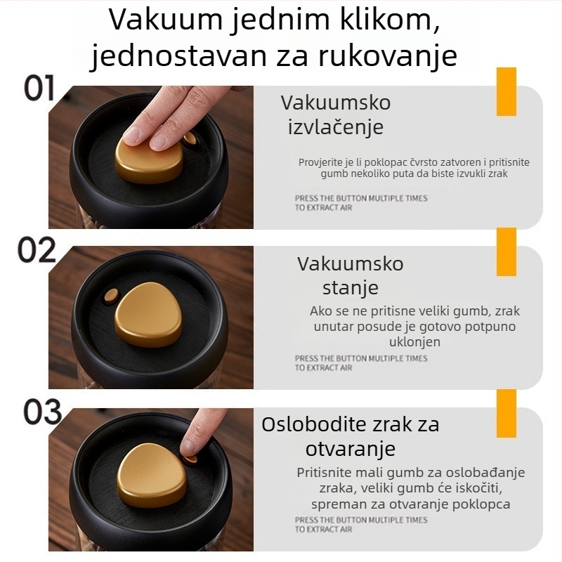 Staklena posuda visokokvalitetnog borosilikatnog stakla s vakuumskim zatvaračem za kuhinjsku pohranu žitarica, zrna kave i čaja, kapaciteta 301–500 ml