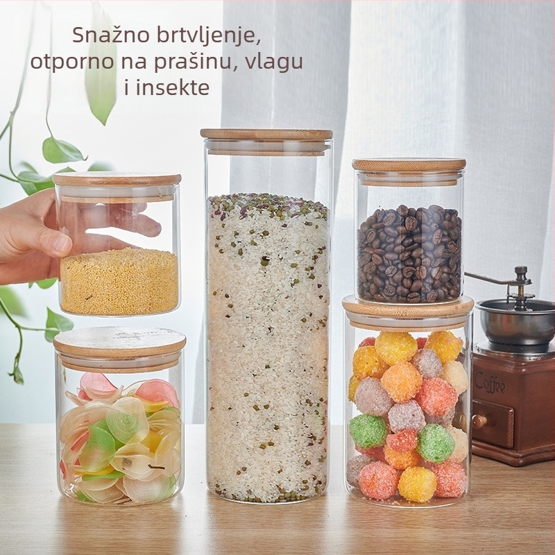 Borosilikatno staklena posuda s poklopcem od bambusa, prozirna posuda za čuvanje čajeva, slatkiša i kuhinjske uporabe.