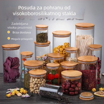 Staklena posuda za skladištenje od borosilikatnog stakla s bambusovim poklopcem, cilindrična posuda za čaj, velika kapaciteta, hermetički zatvarač, prozirna kuhinjska posuda za grickalice