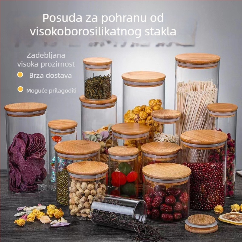 Staklena posuda za skladištenje od borosilikatnog stakla s bambusovim poklopcem, cilindrična posuda za čaj, velika kapaciteta, hermetički zatvarač, prozirna kuhinjska posuda za grickalice