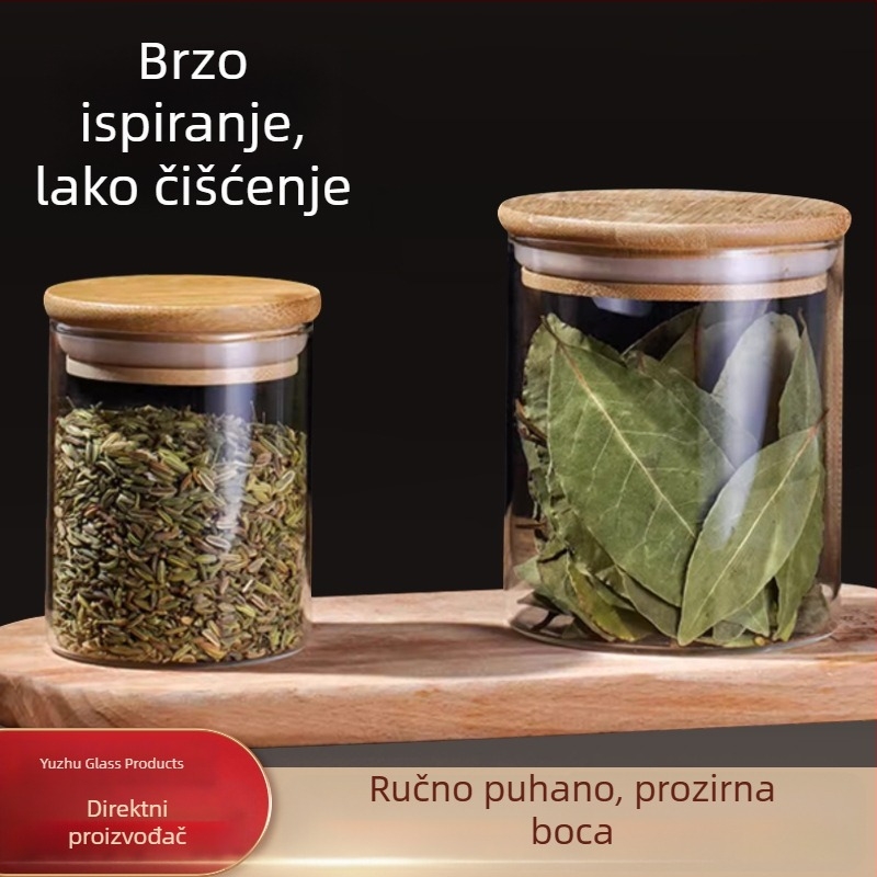 Prozirna okrugla staklena posuda za pohranu s bambusovim poklopcem, pogodna za žitarice, čaj i sušenu koricu mandarine, kapacitet do 300 ml
