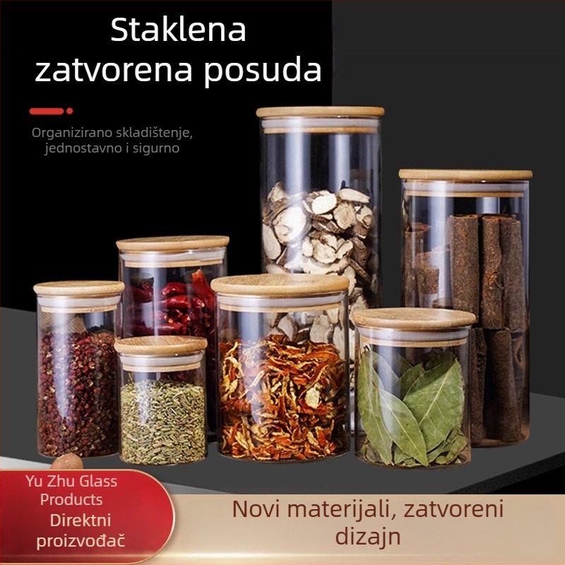 Prozirna okrugla staklena posuda za pohranu s bambusovim poklopcem, pogodna za žitarice, čaj i sušenu koricu mandarine, kapacitet do 300 ml