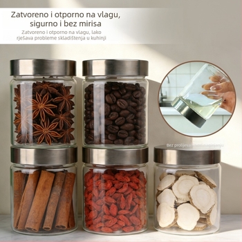 Staklena posuda za pohranu od visokokvalitetnog borosilikatnog stakla s hermetičkim poklopcem, 301–500 ml, otpornost na toplinu i hladnoću, moderan minimalistički kuhinjski dizajn.