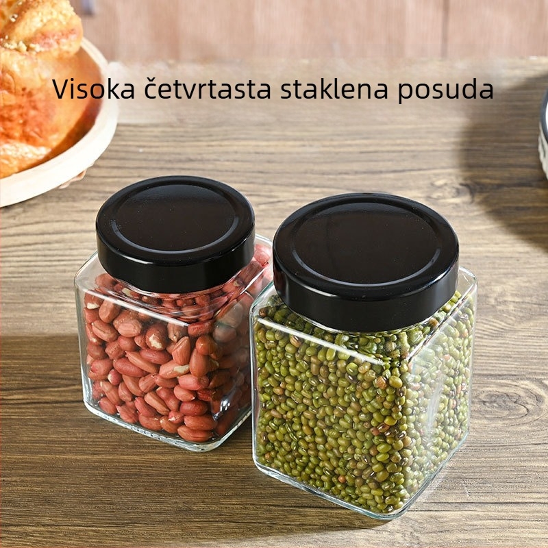 Prilagodljiva četvrtasta staklena boca s zatvorenim poklopcem, otporna na visoke temperature za kiseli krastavac i med, staklenka za konzerviranje