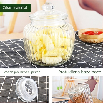 Staklena posuda za pohranu sa zatvaračem za čaj, kiseli krastavci, hranu i žitarice; prugasti uzorak; jednostavan moderan dizajn; kapacitet 650–2000 ml