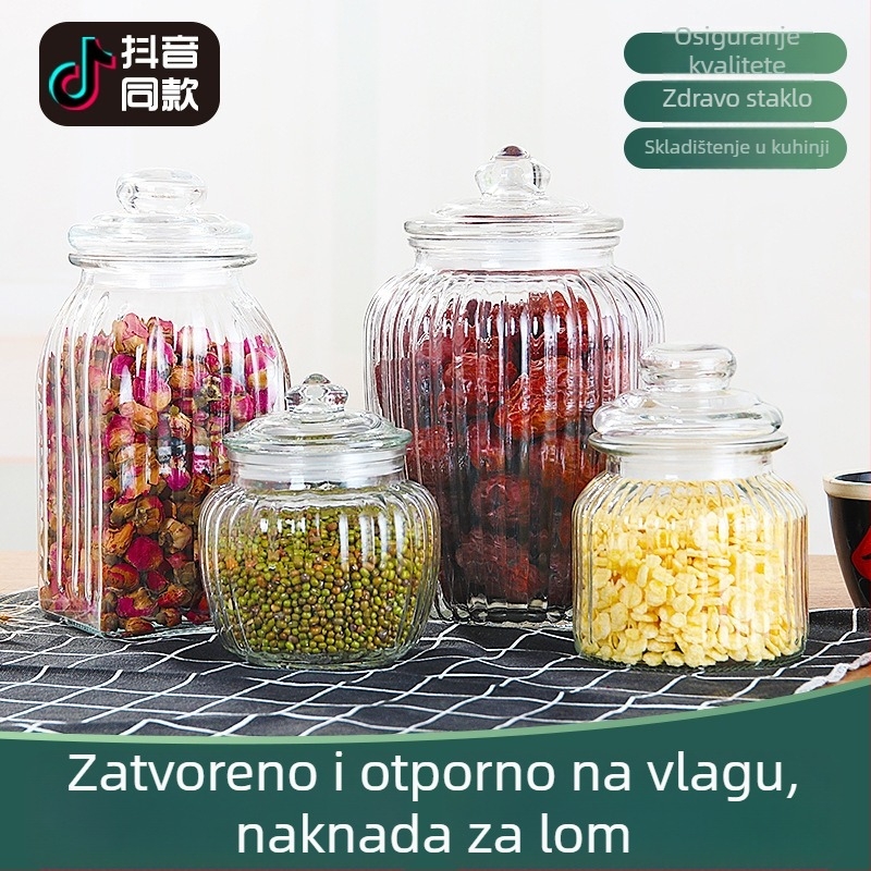 Staklena posuda za pohranu sa zatvaračem za čaj, kiseli krastavci, hranu i žitarice; prugasti uzorak; jednostavan moderan dizajn; kapacitet 650–2000 ml