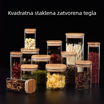 Kvadratna staklena posuda za čaj s bambusnim poklopcem, hermetična kuhinjska posuda