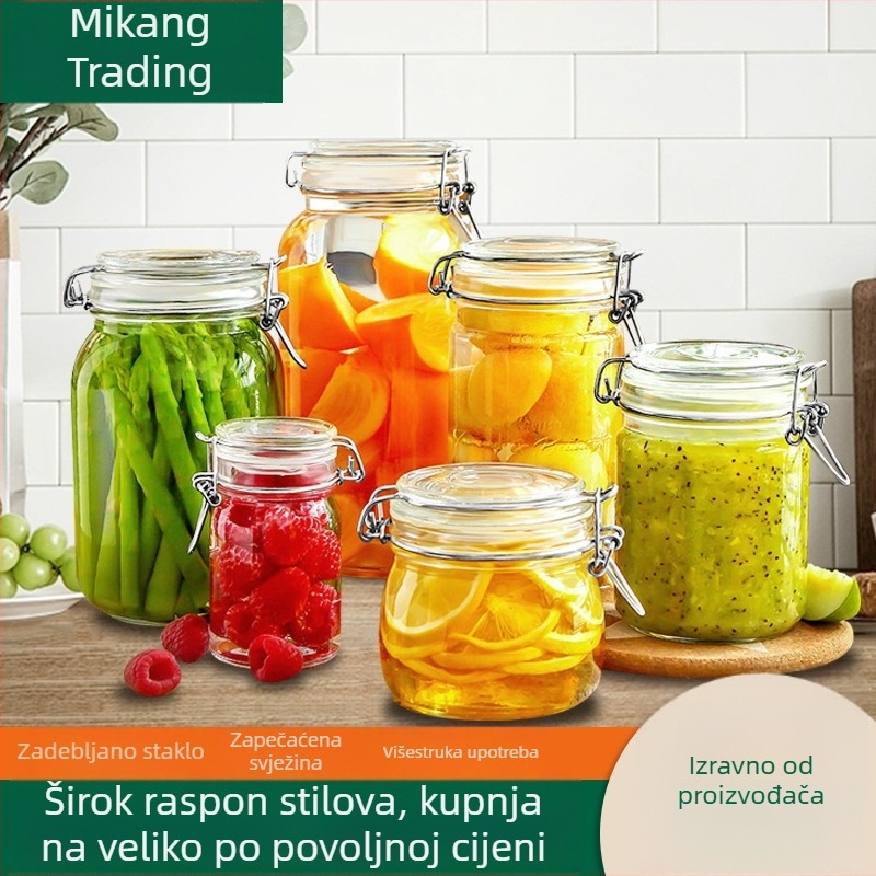 Staklene posude s klipsnim poklopom, hermetički zatvorene za kuhinjsko skladištenje, za kiseljenje i infuziju vina.