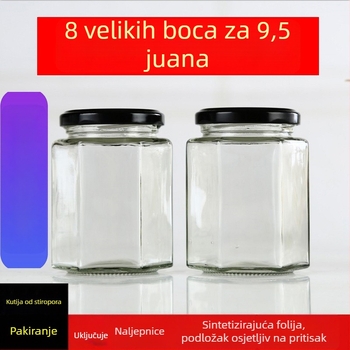 Šesterokutna mala staklena bočica s poklopcem, čili goveđi umak, medno-limun pasta — ručno izrađeno, zatvorena staklenka za džem