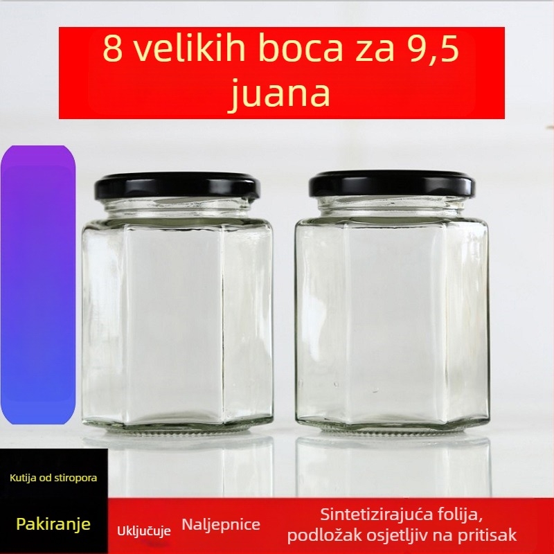 Šesterokutna mala staklena bočica s poklopcem, čili goveđi umak, medno-limun pasta — ručno izrađeno, zatvorena staklenka za džem