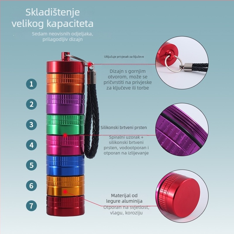 Putna bočica od titanijskog legura za lijekove, metalna kutija za tablete s više pretinaca, vodootporna i zatvorena