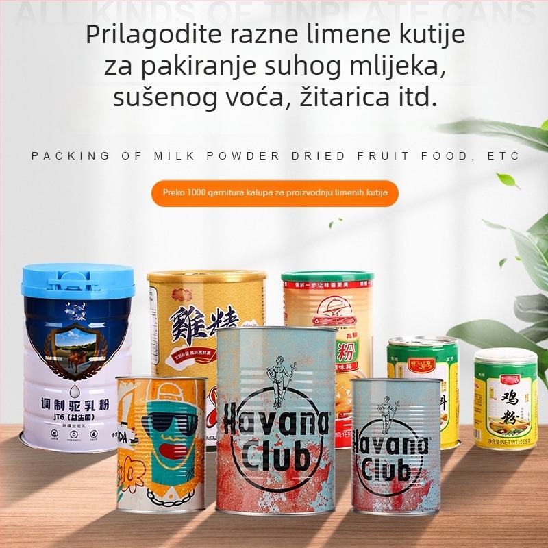 Tinplate posuda za mlijeko u prahu, suho voće i žitarice, začini, grickalice od algi, okrugli čajni keksi