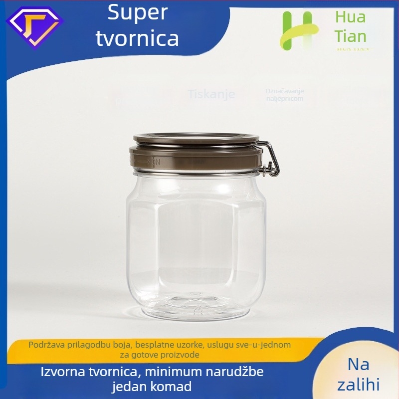 PET plastična hermetički zatvorena posuda, zapremina 1 kg, posuda za med i hranu, za orašaste plodove, žitarice i čaj; višenamjenski spremnik s poklopcem.