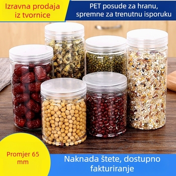 65 mm prozirna plastična posuda za hranu s poklopcem, PET, za skladištenje žitarica, čaja, orašastih plodova i keksa