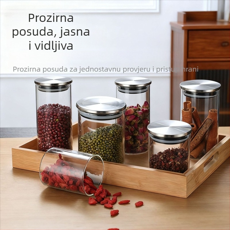 Staklena posuda s hermetičkim zatvaranjem, cilindričnog oblika, za kuhinjsku pohranu žitarica, čajeva i suhog voća