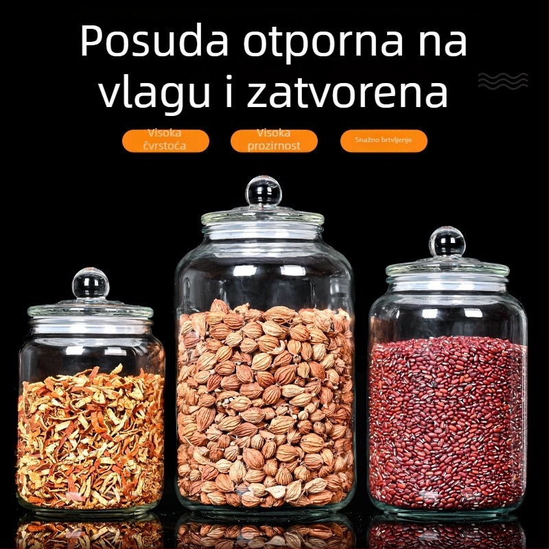 Staklena posuda za skladištenje s vodonepropusnim poklopom, kapaciteta 2L/3L/5L, okrugla, ojačana, za žitarice, kiseli krastavci i umake