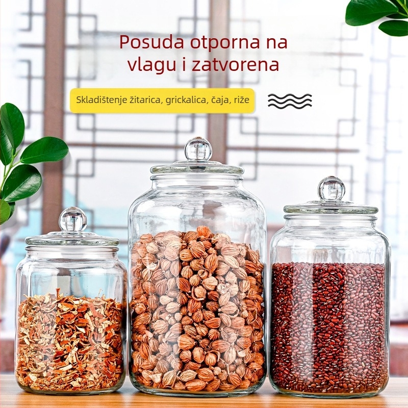 Staklena posuda za skladištenje s vodonepropusnim poklopom, kapaciteta 2L/3L/5L, okrugla, ojačana, za žitarice, kiseli krastavci i umake