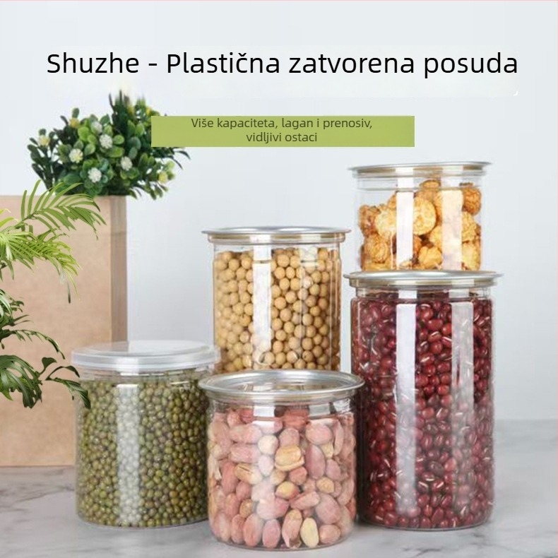 Prozirna plastična posuda s debelim aluminijskim poklopcem, zatvara se, širokim otvorom, za orašaste plodove, PET plastična posuda za prehrambenu ambalažu