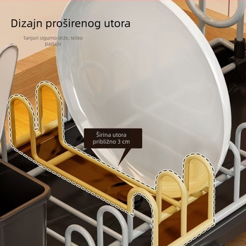 Uski stalak za sušenje posuđa na kuhinjskom pultu, 360° podesiva izlaz vode, odvodna pločica, pretinac u ormariću za špatule i daske za rezanje