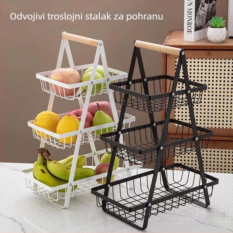 Troslojni skladišni stalak s mrežastim košem za voće od kovanog željeza, skladištenje suhih voća i grickalica, veliki kapacitet, dnevni boravak